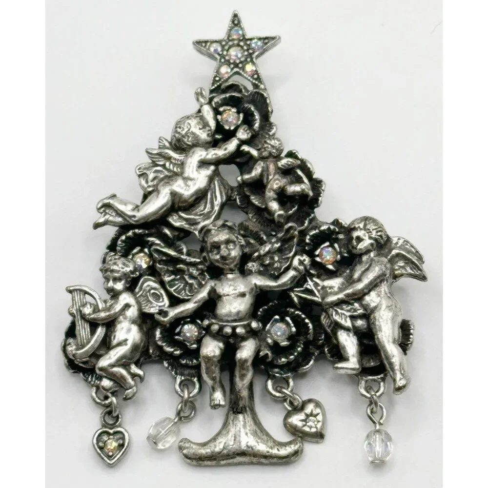 Kirks‎ Folly Cherubs Angels Silvertone Rhinestone Christmas Tree Pin